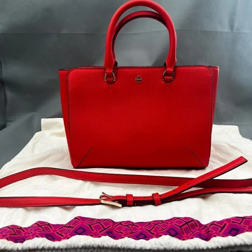 Tory Burch Poppy Orange Zip Emerson Saffiano Leather Satchel